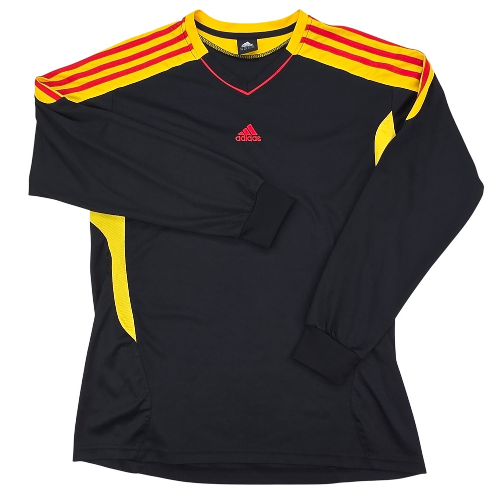Adidas Long Sleeve Soccer Jersey Mens Large Black Yellow 3-Stripe Training Shirt